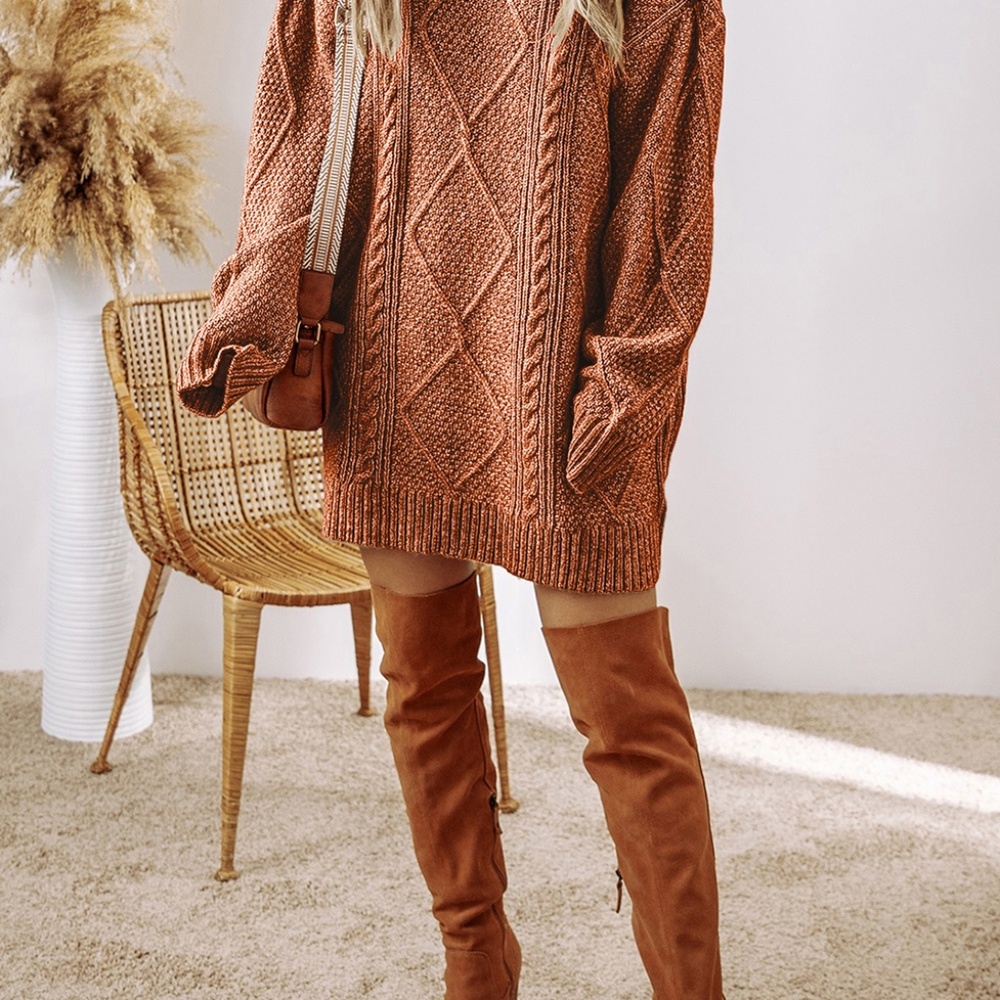B203 Coffee Cable Knit Drop Shoulder Loose Fit Sweater Dress